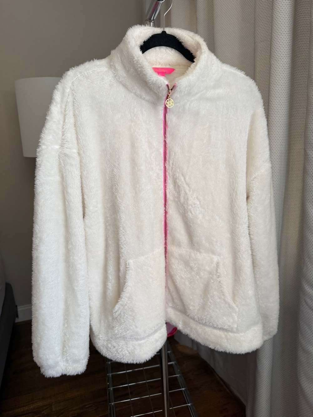 Lilly Pulitzer Sherpa Zip-Up Jacket with Pink Trim Large